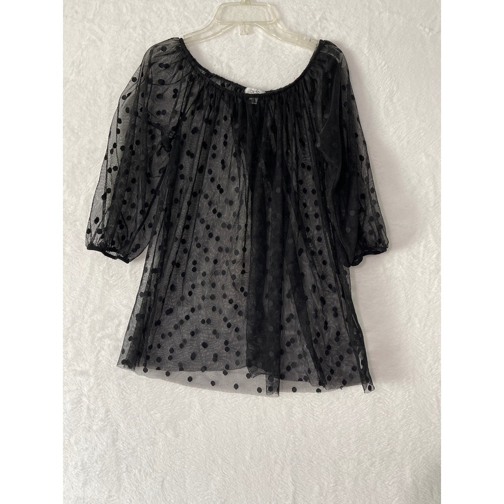 Vtg Cache Womens XS Black Polka Dot Sheer Mesh Blouse Top Boho Whimsigoth Y2K